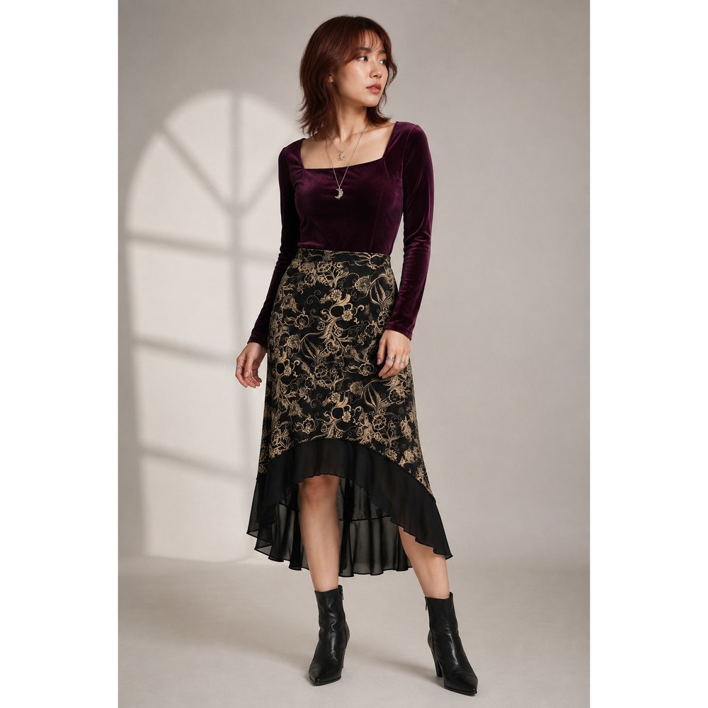 Whimsigoth Y2K 90s Boho Olivia Paige Black Tan Floral High Low Hem M Midi Skirt